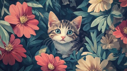 Cute kitten hidden among vibrant flowers in a garden