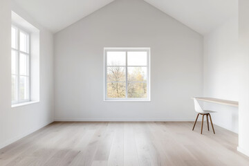 Minimalist interior design featuring a spacious, bright room with a wooden floor.