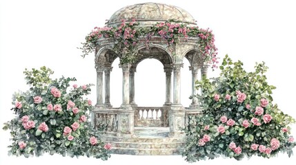 Elegant Gazebo with Roses in Garden Setting. Use Stock Photo
