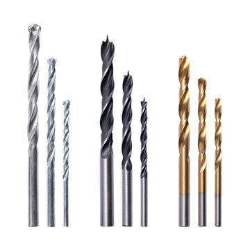 Drill bit set, three sizes for drilling wall, wood and metal. Masonry drill bits with blunt end on the left side, brad point drills for wood in the center, and right coated twist drill bits for metal.