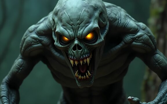 A cinematic shot of a zombie in the form of a sinister monster.