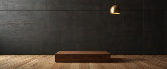 Elevated Minimalism: A sleek, dark space setting, with a simple wooden platform. An eye-level shot captures the room's architectural essence and the textures of the walls, platform, and ambient light.
