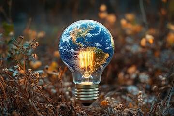 Light bulb shaped like planet Earth illuminates nature with an eco friendly message