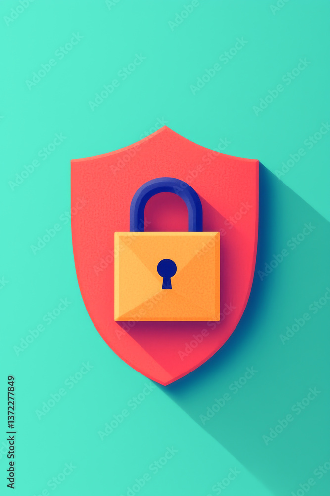 Poster stylized shield with a padlock representing digital security and protection.