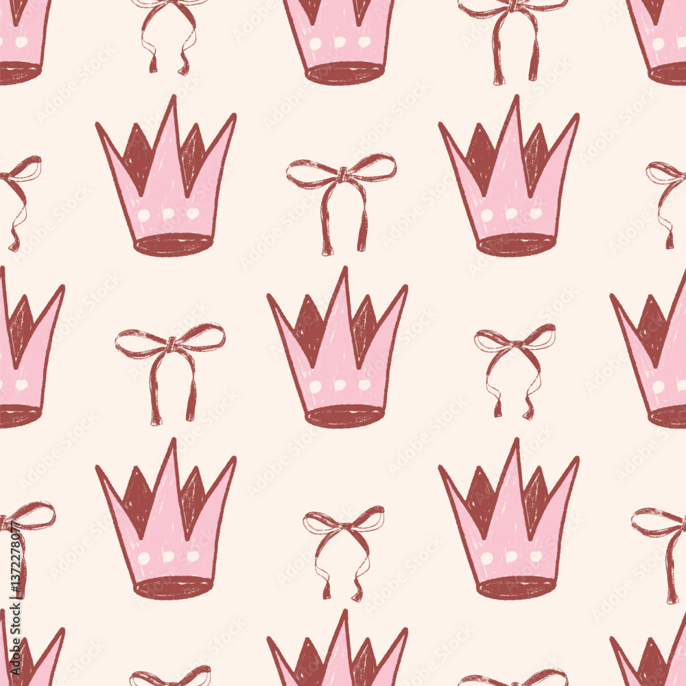 Poster coquette seamless pattern. crown and ribbons marker endless background. bow and royal sing repeat co