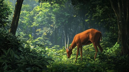 Deer Grazes in Lush Rainforest Sunlight