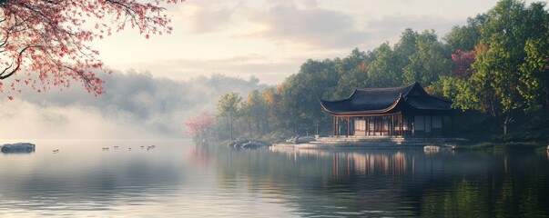 render image of chinese pond in style of maya arnold render