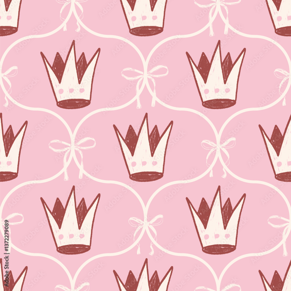 Poster coquette damask seamless pattern. crown and ribbons ogee endless background. bow and royal repeat co