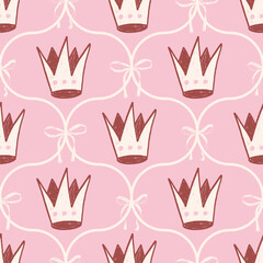 Coquette damask seamless pattern. Crown and ribbons ogee endless background. Bow and royal repeat cover. Crayon continuous ornament. Surface pattern design ribbon motif Vector hand drawn queen bg.