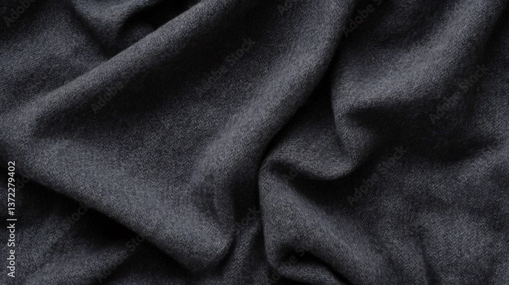 Poster dark gray wool fabric forming soft folds and wrinkles, creating an abstract textured background