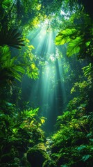 Fototapeta premium Sunlight streams through the lush dense green canopy of a forest