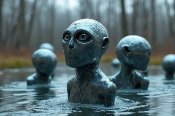 The image shows a group of alien statues floating in a puddle of water