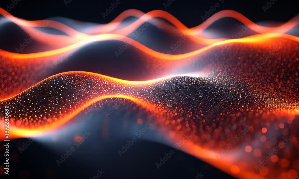 Poster abstract shimmering particles moving in waves, dynamic backdrop animation ideal for presentations
