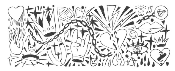 Rock and roll girly crayon drawn set. Punk charcoal breaking heart doodle background. Scribble grunge poster elements. Heart, crown and sketch graffiti art. Vector by pencil isolated illustration.