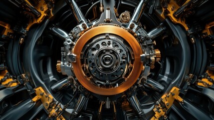 Detailed close-up of a complex engine mechanism, intricate design, industrial background