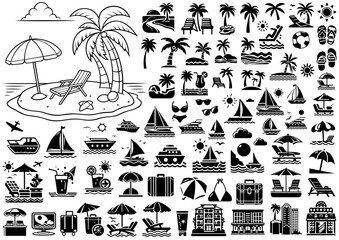 Set of Black and White Icons "Summer vacation" as Vector Illustration Isolated on White Background.