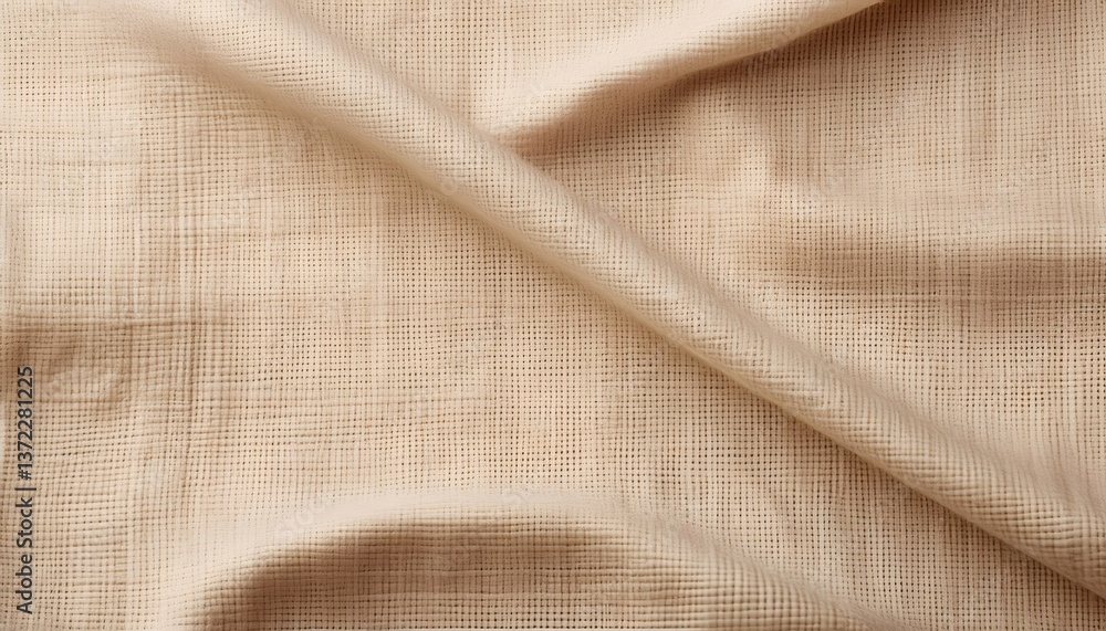 Poster beige linen fabric background with visible fibers and rough texture, creating diagonal folds
