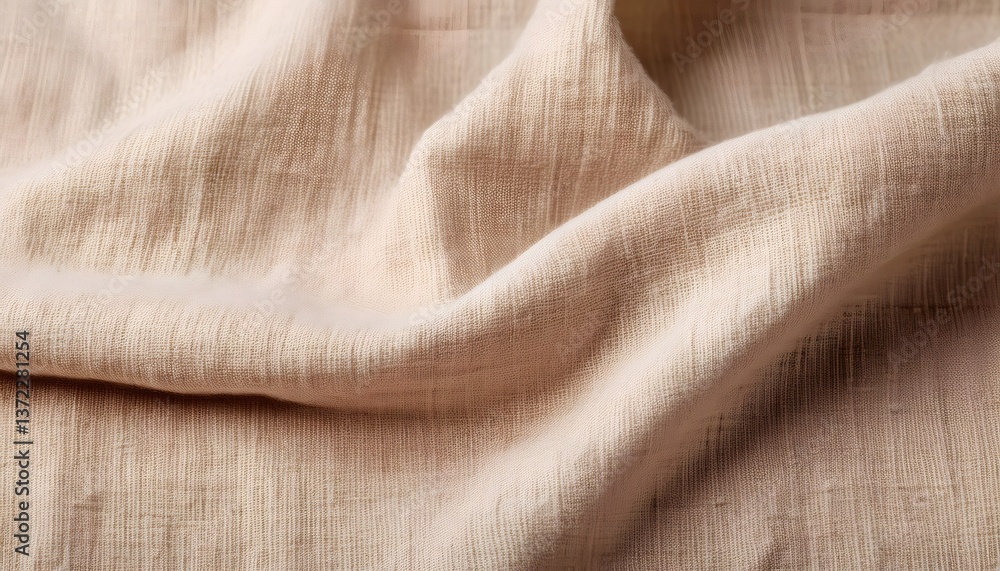 Poster beige linen fabric with visible fibers and rough texture creating elegant folds