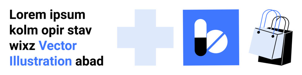 Healthcare cross, pill capsule, and shopping bag representing online pharmacy, healthcare shopping, digital health services. Ideal for e-commerce, medicine, medical aid, health tech online shopping