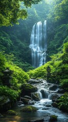 A majestic waterfall surrounded by lush green forest and foliage