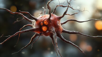 Obraz premium Detailed microscopic view of a nerve cell, showcasing its complex structure in a dark background with bokeh
