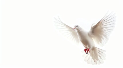 Obraz premium A beautiful white dove is flying with its wings spread wide. The dove is a symbol of peace, love, and hope.