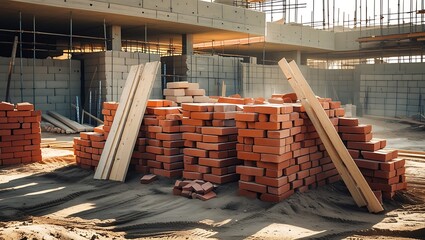 Stacks of Bricks and Wood Planks at Construction Site, Building Materials, Mid-Build, Industrial Work

