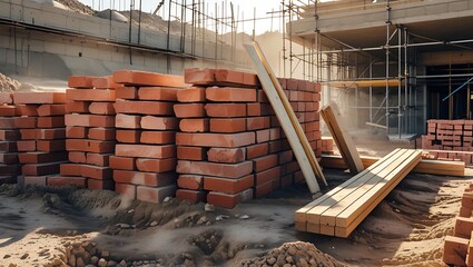 Stacks of Bricks and Wood Planks at Construction Site, Building Materials, Mid-Build, Industrial Work

