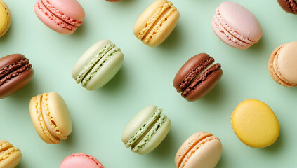 Fototapeta premium A flat lay of colorful macarons arranged in an aesthetically pleasing pattern on a pastel green background, with copy space for text or graphics
