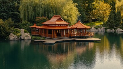 japanese park with pavilions on a lake