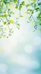 Obraz premium Bright green leaves and delicate blossoms create a serene atmosphere in a softly lit outdoor environment during springtime