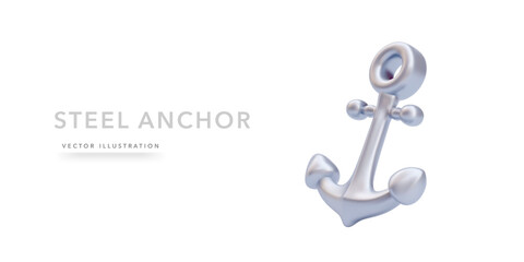 Realistic 3d metal anchor isolated on white background. Vector illustration
