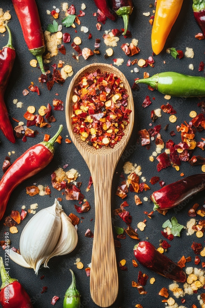 Aufkleber vibrant array of chili peppers and spices arranged creatively on a dark surface showcasing culinary 