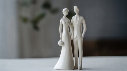 Wedding couple figurine stands together, representing love and commitment in a serene indoor setting