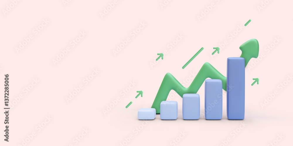 Poster vertical bar chart with up arrows in 3d realistic style isolated on light background. vector illustr