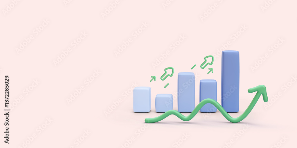 Poster vertical bar chart with up arrows in 3d realistic style isolated on light background. vector illustr