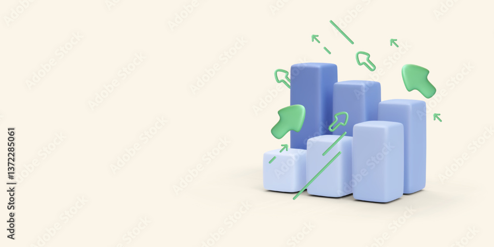 Poster vertical bar chart with up arrows in 3d realistic style isolated on light background. vector illustr