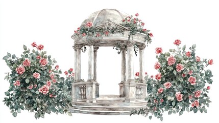 Ornate Gazebo with Roses, Garden Setting, Decorative