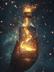 A glowing glass bottle held delicately by a shadowed hand against a deep, star-filled night sky