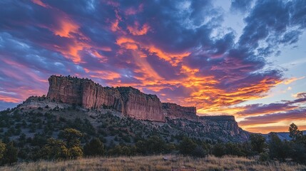 Dramatic sunset over a sandstone cliff face