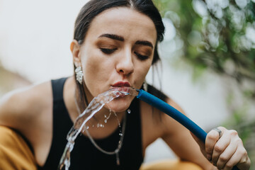 A woman sipping water from a blue hose with a serene expression, set outdoors. The setting features...