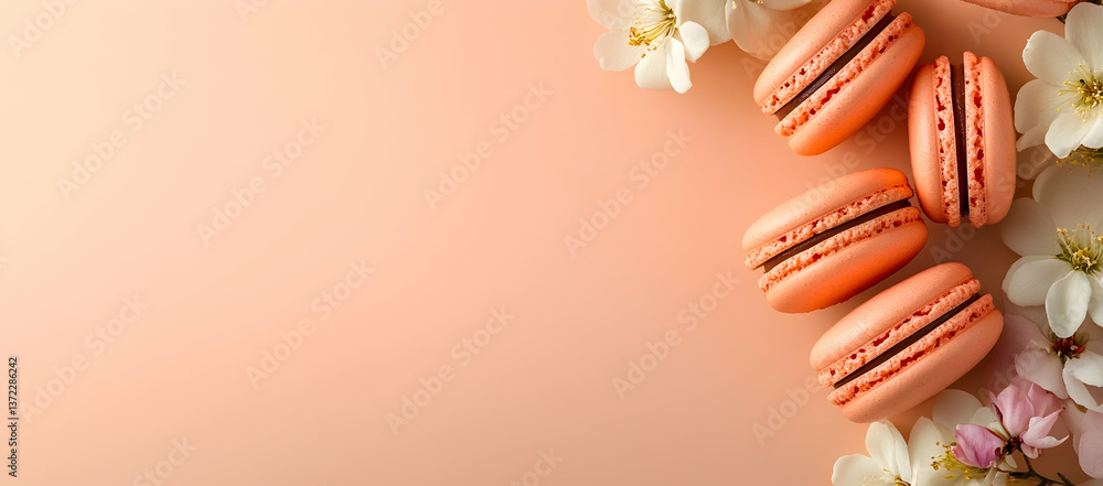 Poster A vibrant and colorful macaron background with delicate flowers on the left side, creating an inviting atmosphere for product placement
