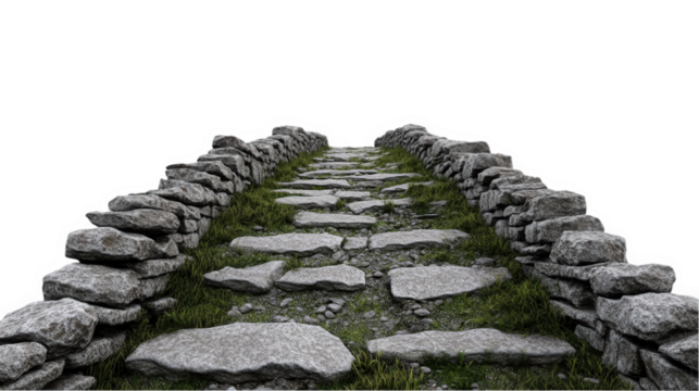 Pathway with stone steps and grassy edges leading upwards, set against a minimalist white background, perfect for design and graphic use