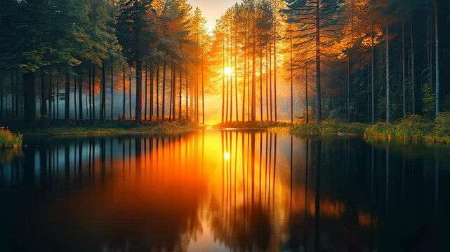 Sunset reflection over calm lake in serene forest setting during golden hour