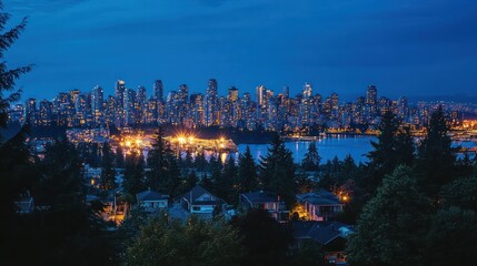 Dusk view of Vancouver skyline from residential area