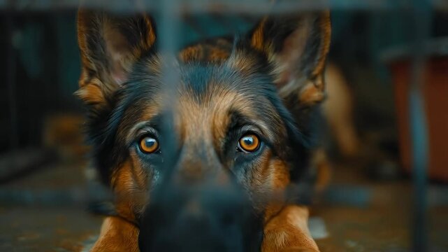 Somber german shepherd sitting dejectedly within cramped kennel, conveying intense emotional pain through penetrating melancholic stare