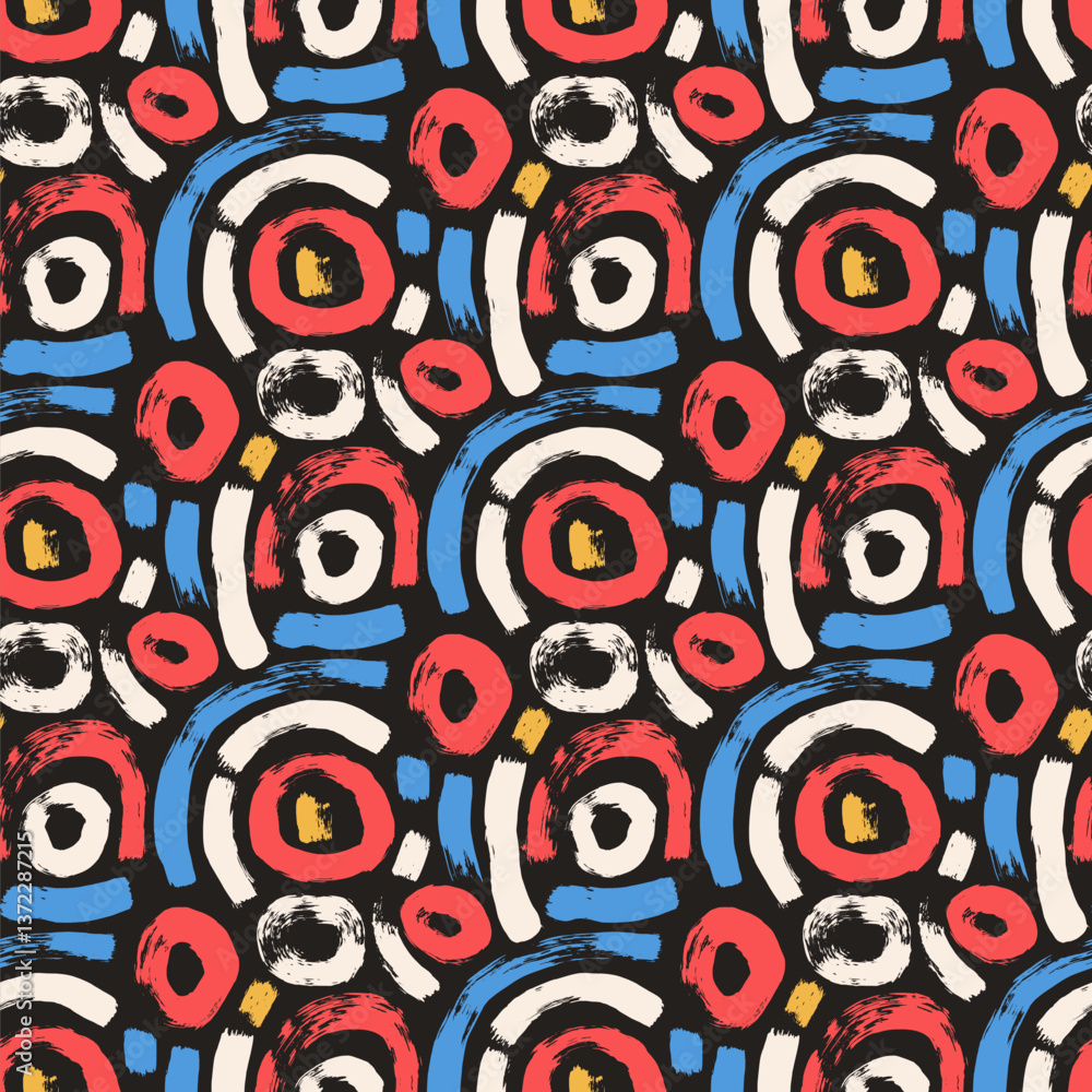 Poster circular lines brush seamless pattern. paint stroke endless background. abstract curved shapes textu