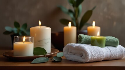 Relaxing Spa Scene with Candles and Towels, Peaceful Atmosphere