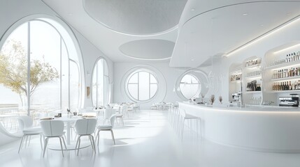 Modern white restaurant interior with large windows overlooking a landscape