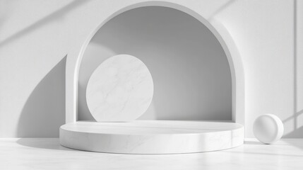 Minimalist white pedestal display with marble circle, product presentation